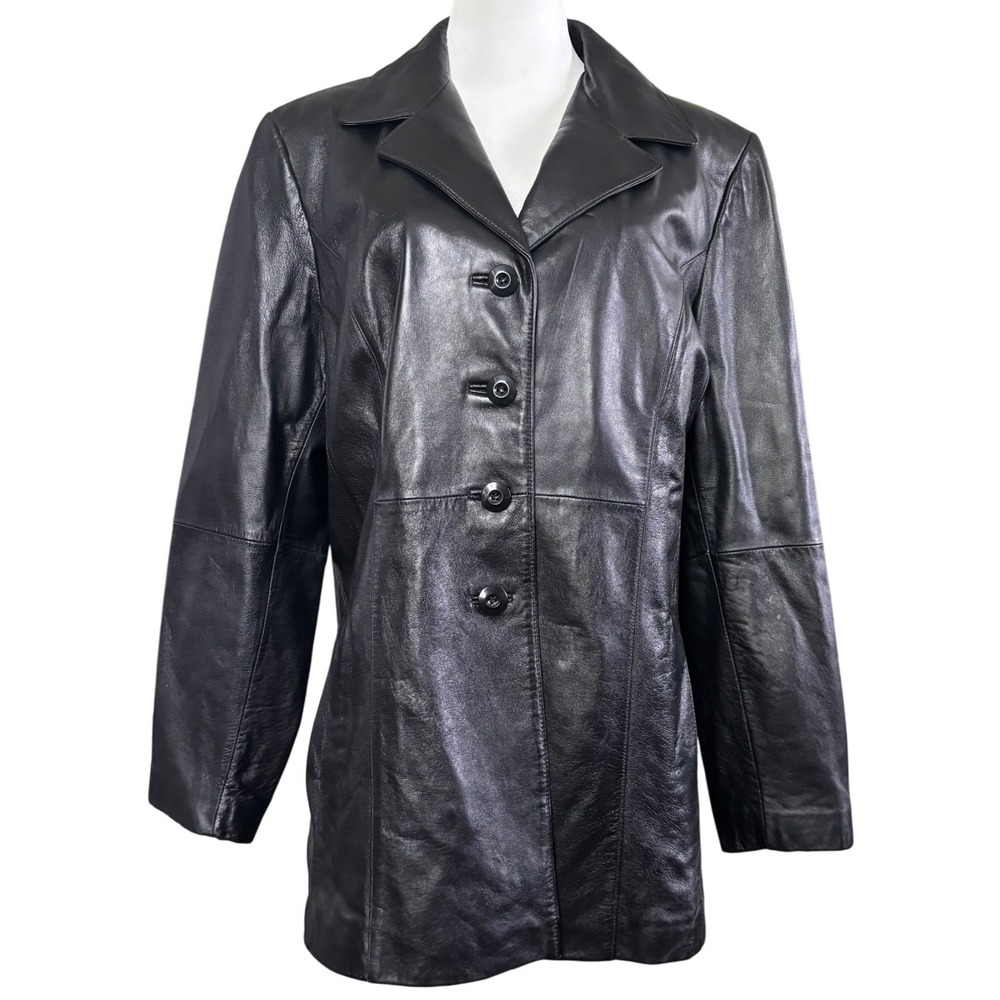 Wilsons Leather Women's Black Button Front Blazer Jacket Vintage y2k Sz L